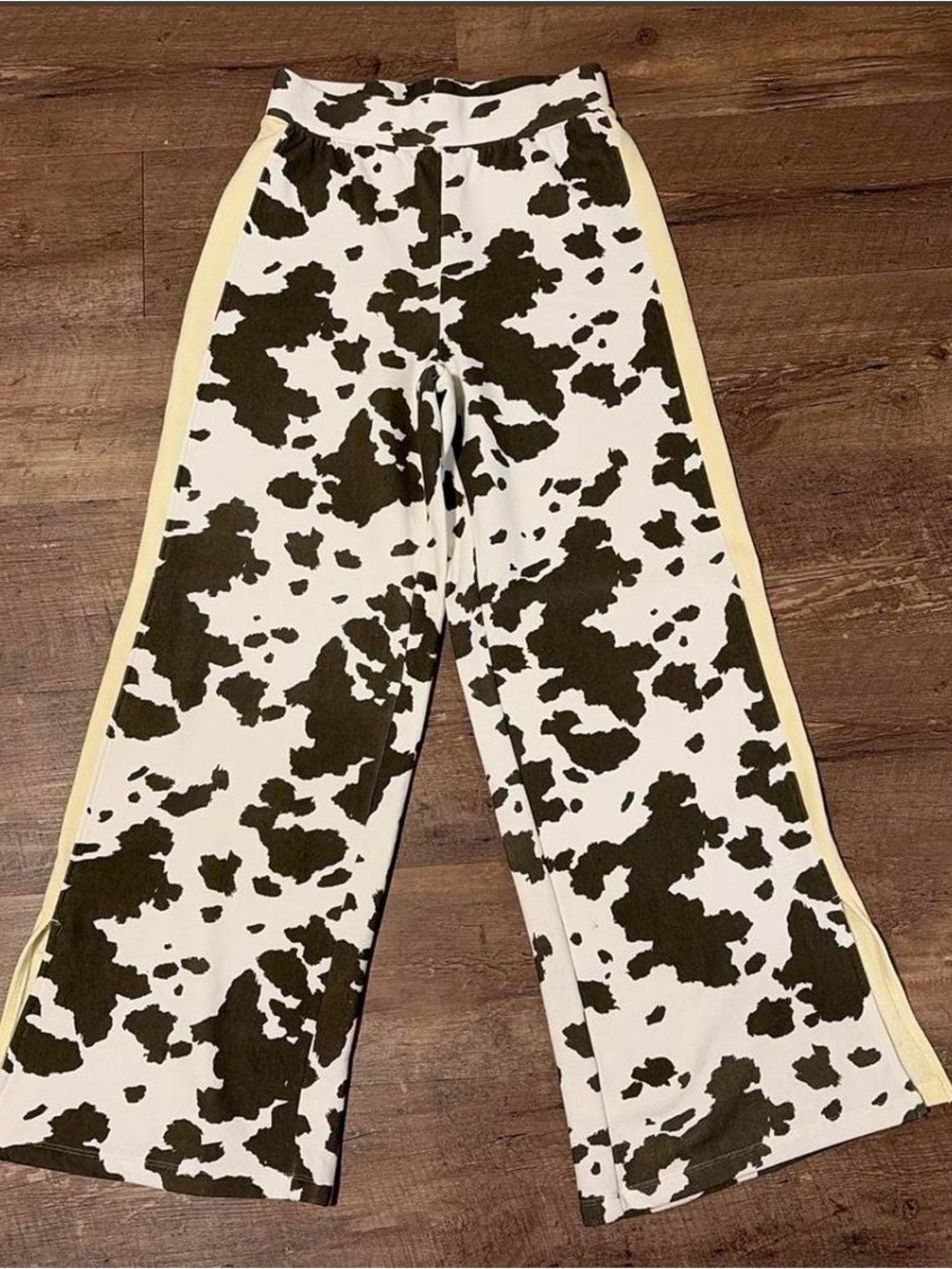 Grayson Threads Black & White Cow-Print Joggers with Yellow Side Stripes